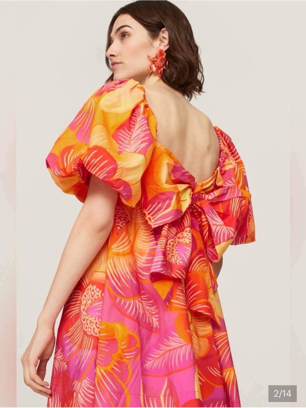 Farm Rio Ombré  Mini Dress Garden Puff Sleeve Orange Yellow Tie Back Bohemian L - Picture 2 of 6
